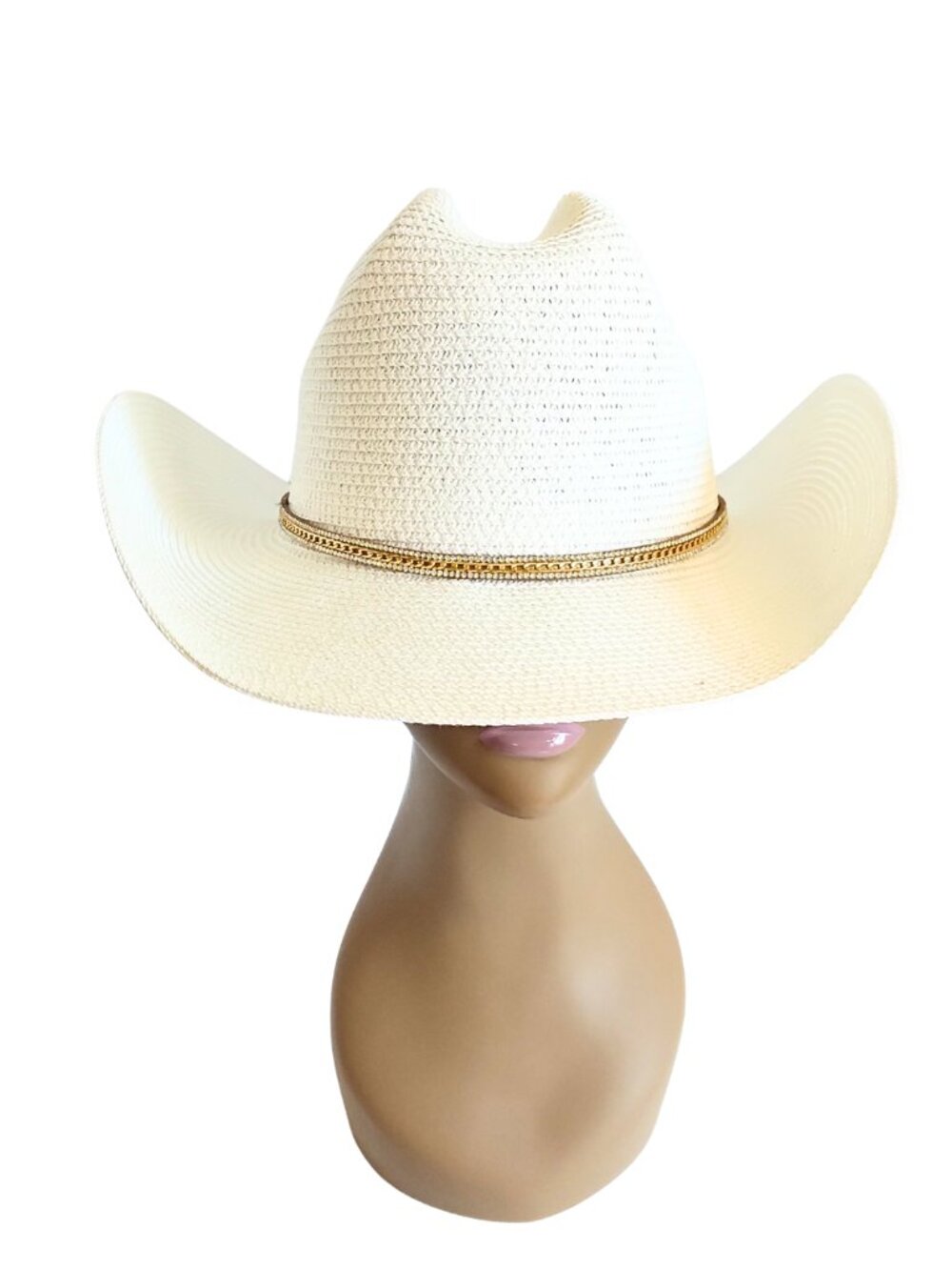WOMEN'S WHITE COWGIRL STRAW HAT W/ BROWN SUEDE CRYSTAL & GOLD CHAIN HAT BAND